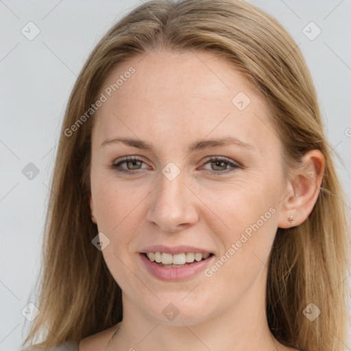 Joyful white young-adult female with long  brown hair and grey eyes