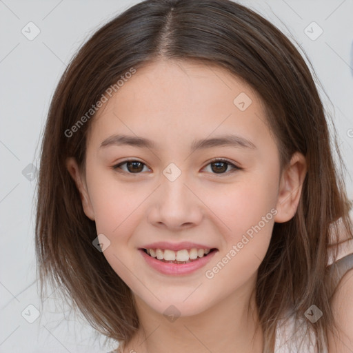 Joyful white child female with medium  brown hair and brown eyes