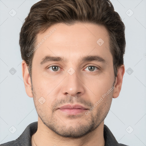 Neutral white young-adult male with short  brown hair and brown eyes