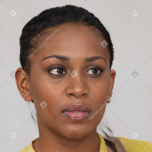 Neutral black young-adult female with short  brown hair and brown eyes