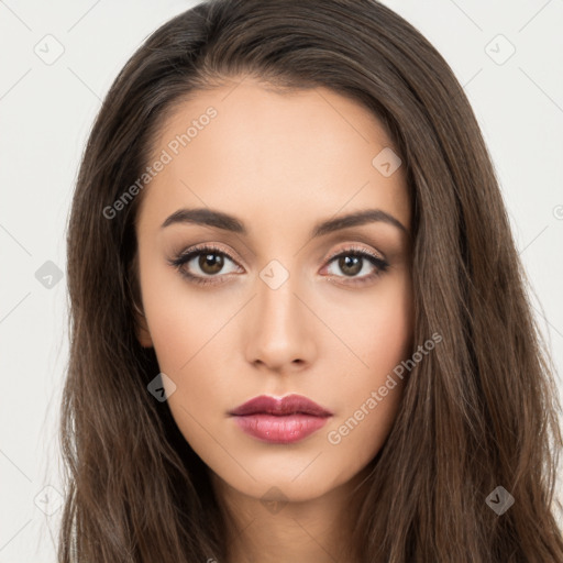 Neutral white young-adult female with long  brown hair and brown eyes