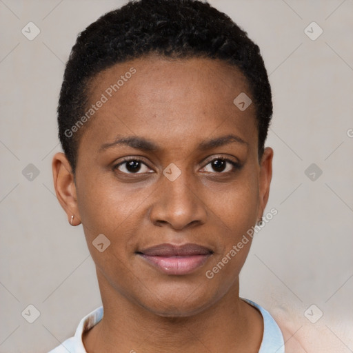 Joyful black young-adult female with short  brown hair and brown eyes