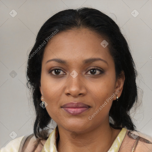 Joyful black young-adult female with medium  black hair and brown eyes