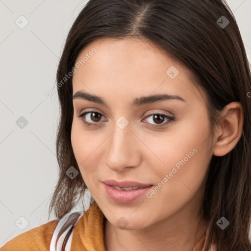 Neutral white young-adult female with long  brown hair and brown eyes