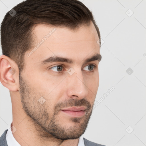 Neutral white young-adult male with short  brown hair and brown eyes