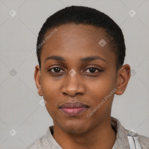 Neutral latino young-adult female with short  black hair and brown eyes