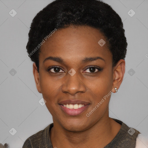 Joyful latino young-adult female with short  black hair and brown eyes