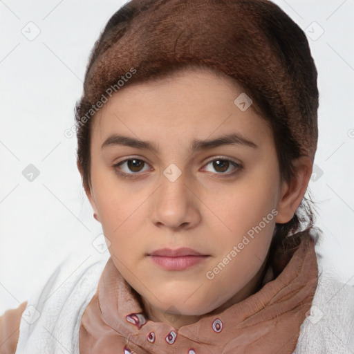 Neutral white young-adult female with short  brown hair and brown eyes