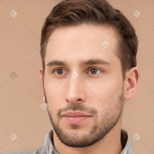 Neutral white young-adult male with short  brown hair and brown eyes