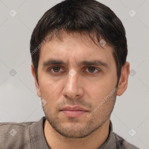 Neutral white adult male with short  brown hair and brown eyes