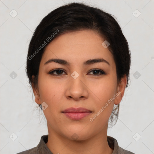 Neutral latino young-adult female with medium  brown hair and brown eyes