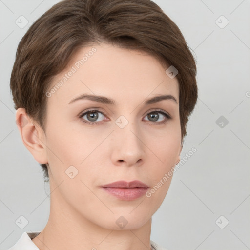 Neutral white young-adult female with short  brown hair and grey eyes