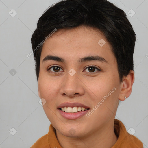 Joyful asian young-adult female with short  brown hair and brown eyes