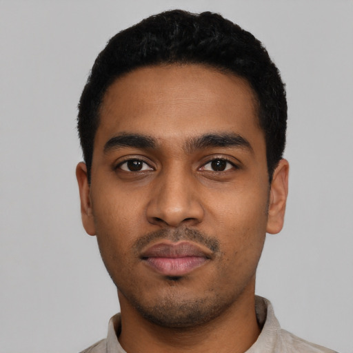 Neutral latino young-adult male with short  black hair and brown eyes