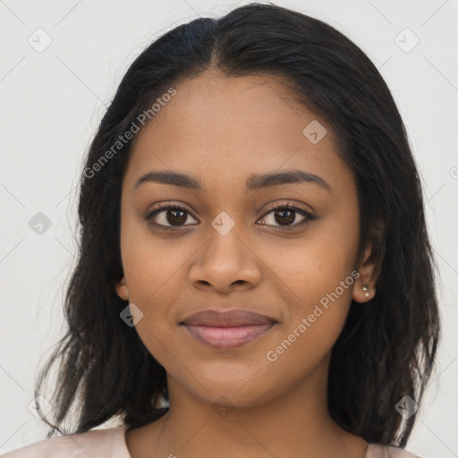 Joyful latino young-adult female with medium  black hair and brown eyes