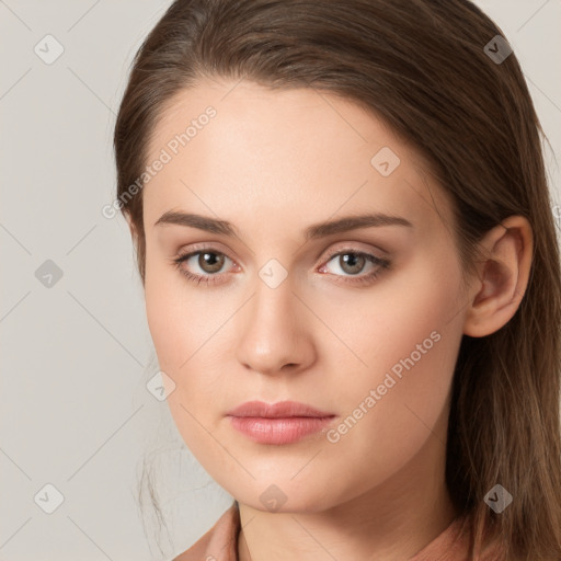 Neutral white young-adult female with long  brown hair and grey eyes