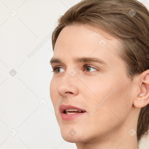 Joyful white young-adult male with medium  brown hair and brown eyes