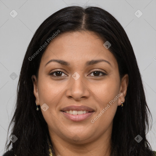 Joyful latino young-adult female with long  brown hair and brown eyes