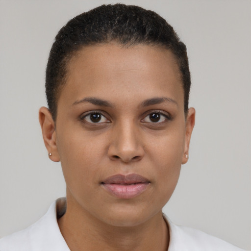 Neutral latino young-adult female with short  brown hair and brown eyes
