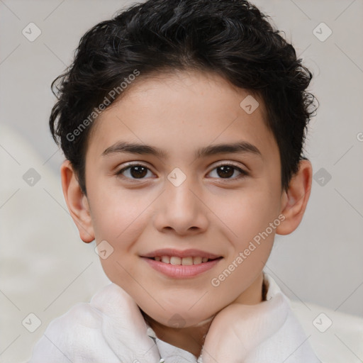 Joyful white child female with short  brown hair and brown eyes