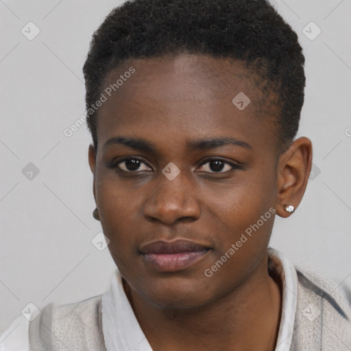 Neutral black young-adult female with short  black hair and brown eyes