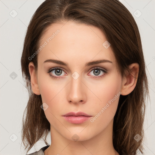 Neutral white young-adult female with medium  brown hair and grey eyes