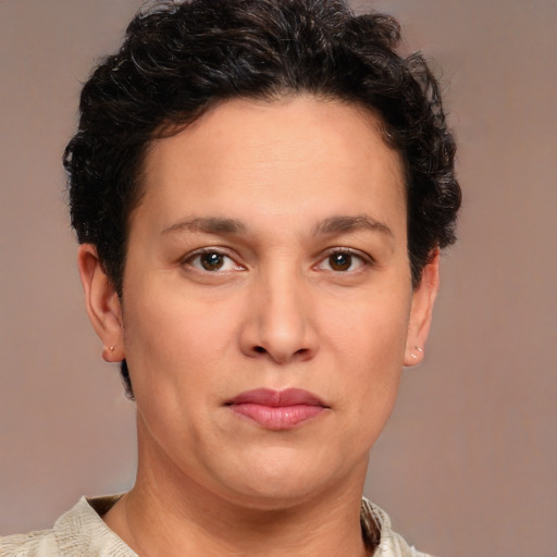 Neutral white young-adult female with short  brown hair and brown eyes