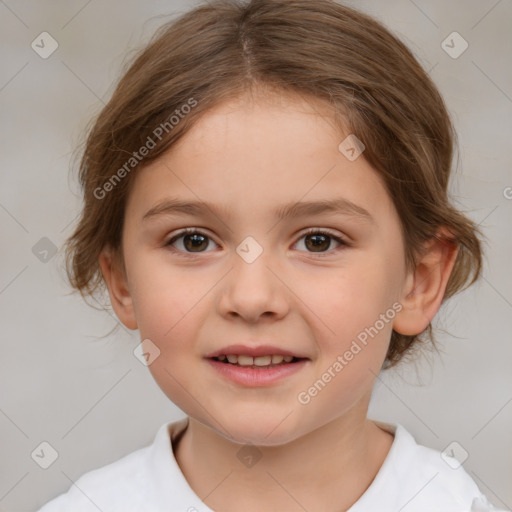 Joyful white child female with medium  brown hair and brown eyes