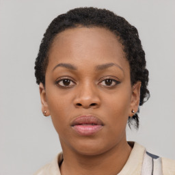 Neutral black young-adult female with short  black hair and brown eyes