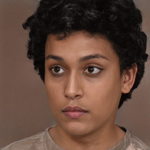 Neutral latino young-adult female with short  brown hair and brown eyes