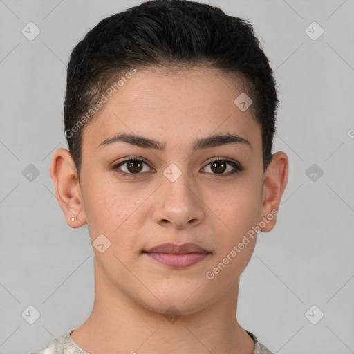 Joyful white young-adult female with short  brown hair and brown eyes