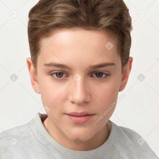 Joyful white child female with short  brown hair and brown eyes