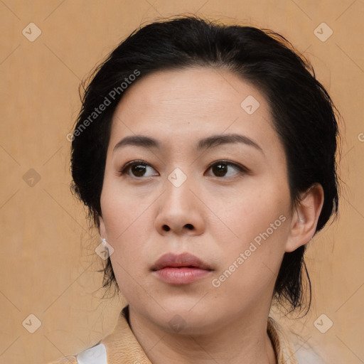 Neutral white young-adult female with medium  brown hair and brown eyes