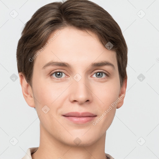 Joyful white young-adult female with short  brown hair and grey eyes