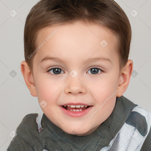 Joyful white child female with short  brown hair and brown eyes