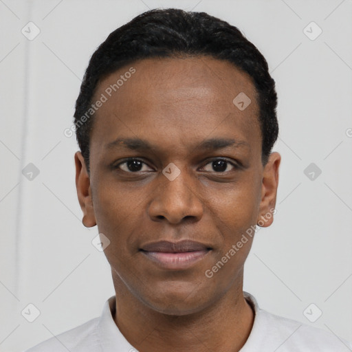 Neutral black young-adult male with short  black hair and brown eyes