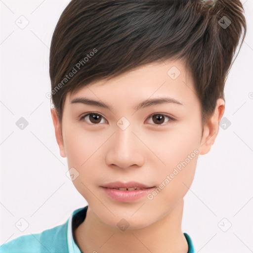 Neutral white young-adult female with short  brown hair and brown eyes