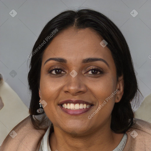 Joyful asian young-adult female with medium  black hair and brown eyes