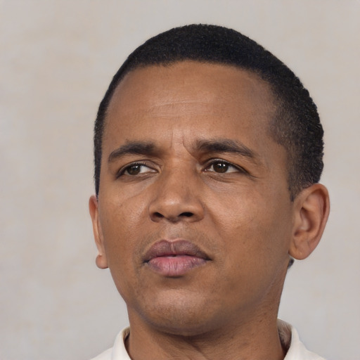 Neutral black adult male with short  black hair and brown eyes