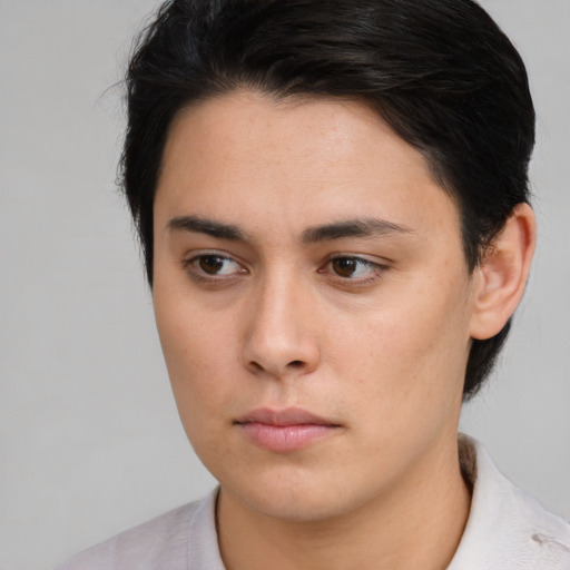 Neutral white young-adult female with short  brown hair and brown eyes
