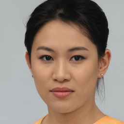 Neutral asian young-adult female with short  brown hair and brown eyes