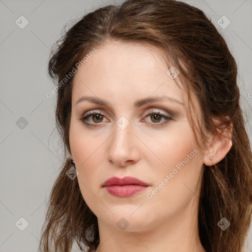 Neutral white young-adult female with long  brown hair and brown eyes