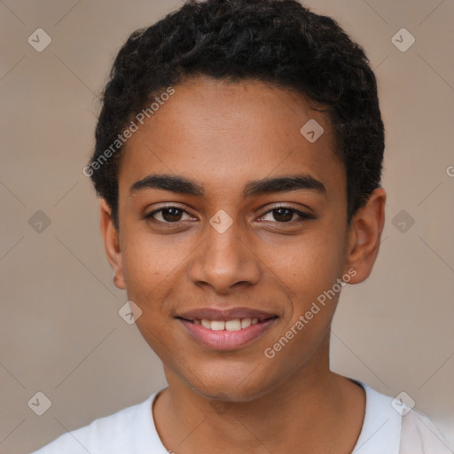 Joyful latino young-adult male with short  brown hair and brown eyes