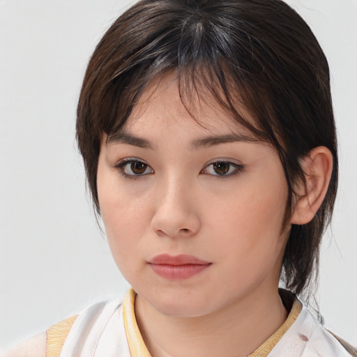 Neutral white young-adult female with medium  brown hair and brown eyes