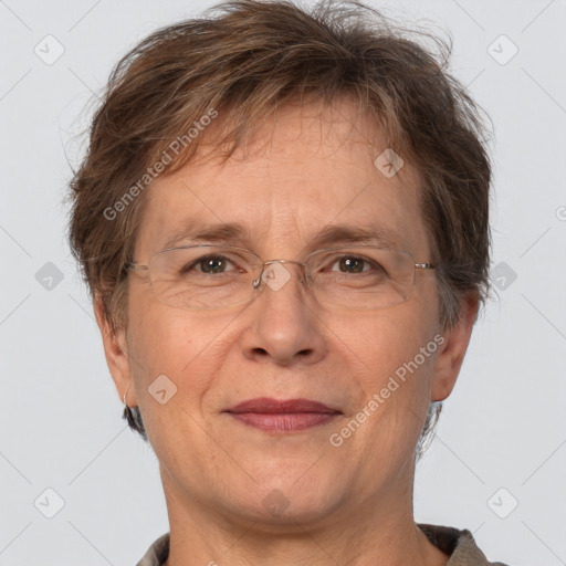 Joyful white middle-aged male with short  brown hair and brown eyes