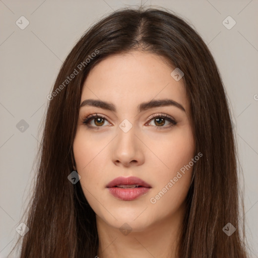 Neutral white young-adult female with long  brown hair and brown eyes