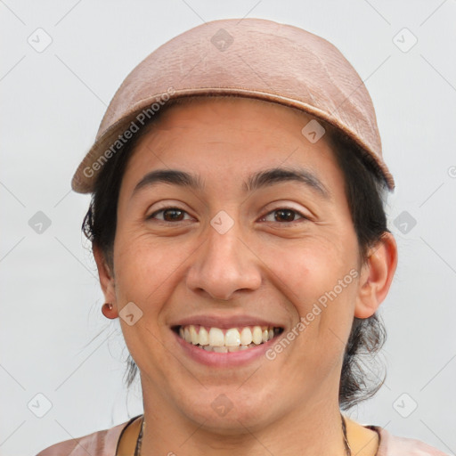 Joyful white young-adult female with medium  brown hair and brown eyes