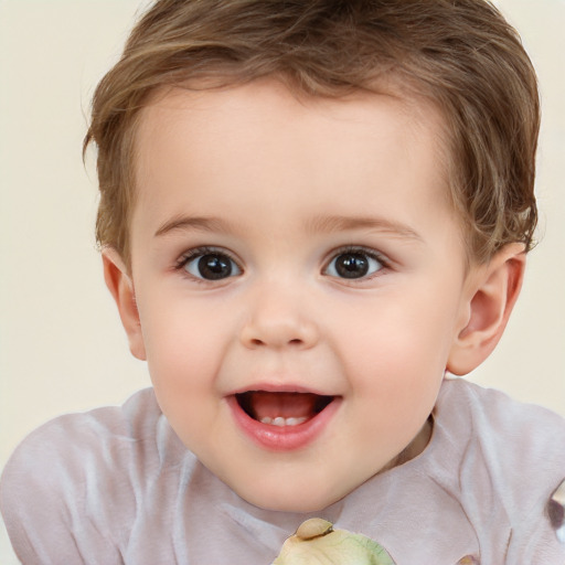 Joyful white child female with short  brown hair and brown eyes