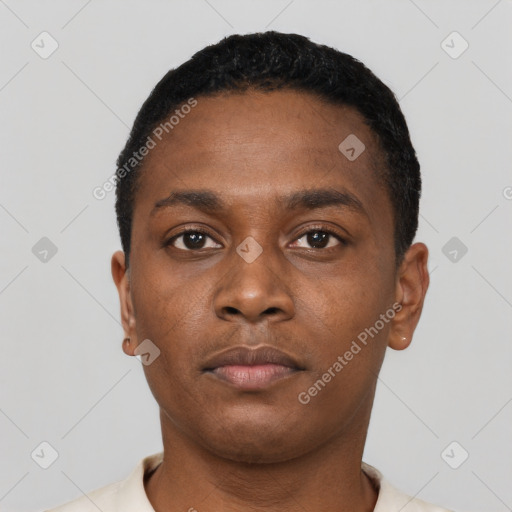 Neutral black young-adult male with short  black hair and brown eyes