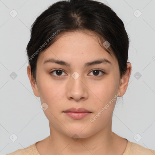 Neutral white young-adult female with short  brown hair and brown eyes